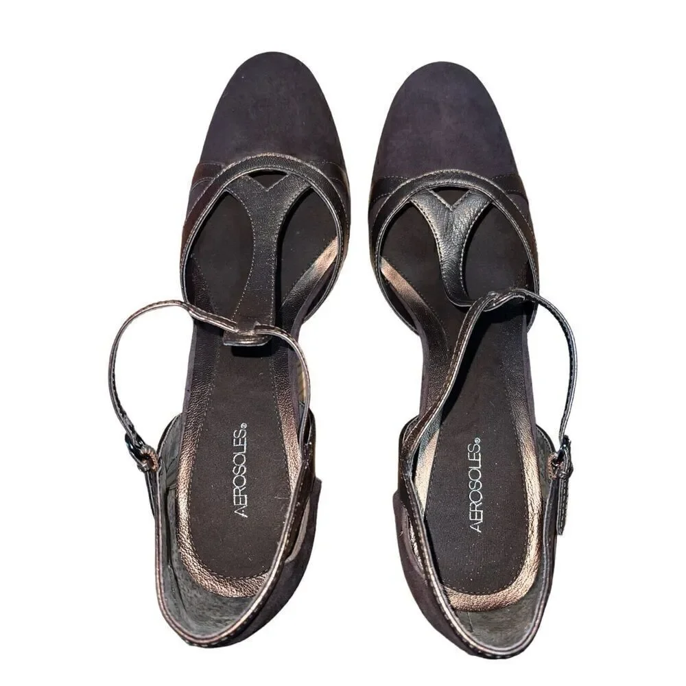 Aerosoles Bar Struck Brown Combo Suede-Leather Strappy Heels Womens Size 10 NEW